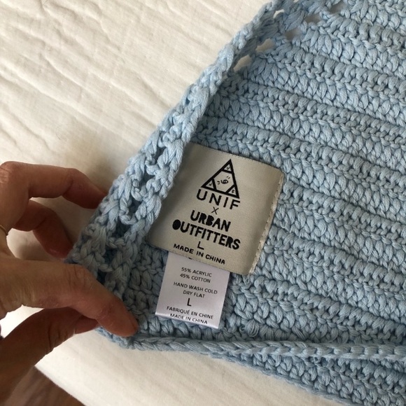 UNIF x Urban Outfitters UO Crochet Blue High Neck Tie Halter Knit Crop Top L - Picture 4 of 5
